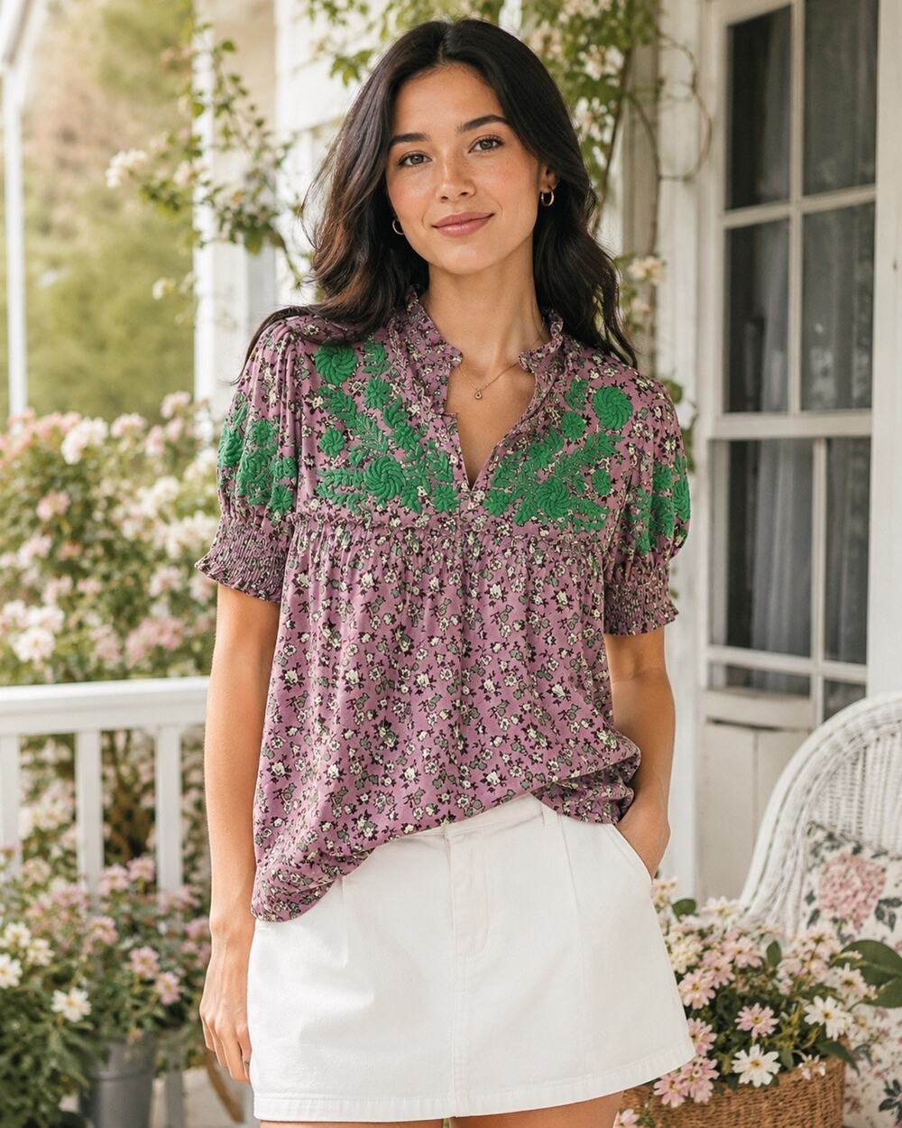 Sister Mary Pink Green 100% Cotton Embroidered Smocked Floral Blouse Size XS
